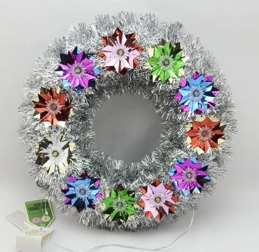 Mr Christmas 16" Silver Tinsel Lighted Wreath Retro Multicolor Viral Vintage